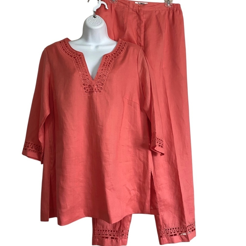Linen 2-Pc Matching Tunic Blouse and Pants Set Orange Medium Spring Lagenlook